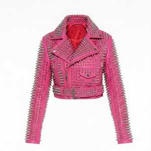 Pink Genuine Leather Moto Jacket Full Sleeve Stand Collar <b>Zipper</b> Closure Rivet Decoration Short Length Autumn Wear - Product Image 6