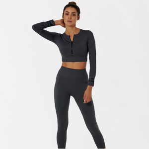 <b>Women's</b> Long Sleeve Seamless Yoga Crop <b>Top</b> Set High Waist <b>Compression</b> Leggings Gym Fitness Workout Activewear Sportswear - Product Image 2