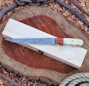 A&M EnterPrises Handmade Damascus Steel Fillet <b>Knife</b> with <b>Bone</b> <b>Handle</b> Red Wood Spacer Wooden Gift Box Survival Hunting <b>Knives</b> - Product Image 1