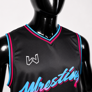 Maillot de basket-ball et de lutte unisexe noir, rose, bleu dégradé, col en V, sans manches, en maille, imprimé par sublimation, coupe classique pour adulte - Product Image 3