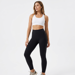 Mid Waist Solid <b>Black</b> Full Length Breathable Yoga <b>Leggings</b> Spandex Nylon Elastic Women Pants - Product Image 2