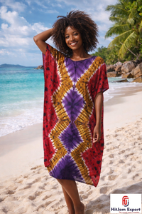 Vestido Kaftán de Playa para Mujer con Estampado Tie-Dye Personalizado, en Seda, Algodón, Rayón y Poliéster, Fabricante de Telas Personalizadas, Proveedor OEM - Product Image 5