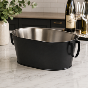 Moderna Bañera Ovalada de Acero Galvanizado Negro Mate con Asas Laterales, Vajilla Metálica Bicolor para Vino, Bodas y Fiestas - Product Image 3