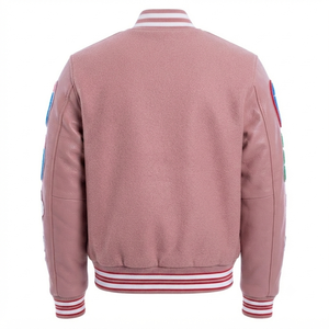 Custom Pink Wool <b>Leather</b> Sleeves Varsity Letterman <b>Jacket</b> Embroidered Patches Streetwear Retro Bomber <b>Jacket</b> Outerwear Unisex - Product Image 2