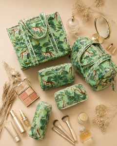 Jungle Safari Cotton Cosmetic Bag Set Green Leopard Print Bohemian Style Eco-Friendly Zipper Closure Travel <b>Makeup</b> Tote Washable - Product Image 6