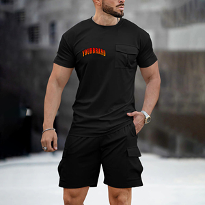 Ensemble de survêtement pour homme sur mesure, style vintage, patchwork épais, ourlet brut, hip-hop, t-shirt et short oversize, avec logo personnalisé - Product Image 1