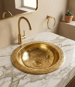 Lavabo Redondo de Latón para Baño con Acabado Martillado Fino y Textura Dorada Decorativa para Hoteles de Lujo, Spa, Venta al por Mayor y Exportación - Product Image 3