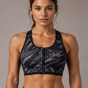 OEM Women Seamless Sports Bra Scoop Neck Racerback Zipper Front Medium Support Breathable Fitness Workout Wear Solid Black - Product Image 3