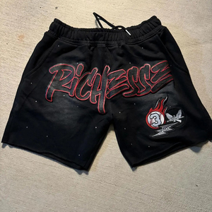 Shorts en molleton pour hommes personnalisés, style délavé à l'acide, design vintage, en coton épais, imprimé en relief, effet vieilli, avec strass - Product Image 2