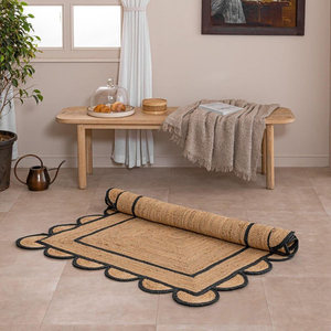 Handwoven Natural Jute <b>Rug</b> With Black Border Scalloped Edge Square Area Carpet <b>Boho</b> Floor Mat For Bedroom Living Room Decor - Product Image 3
