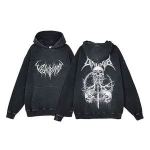 Sudadera con Capucha Gótica para Hombre, Talla Grande, Negra, de Algodón French Terry, con Diseño Estampado de la Muerte, Bolsillo Delantero, Estilo Otoñal - Product Image 2