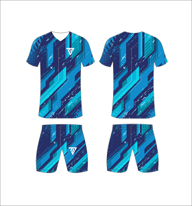Custom Sublimated Men's <b>Soccer</b> Uniform Set Blue Geometric Pattern V-Neck Jersey Matching Shorts Moisture Wicking Athletic Fit - Product Image 1