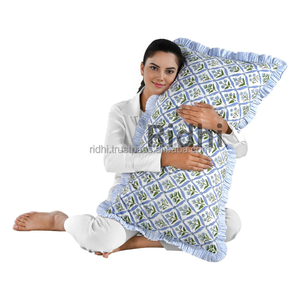 Juego de Fundas de Almohada Lumbares RIDHI 20x36 con Volantes Azules Florales Costeros, Estampado a Mano en Algodón, Personalizables, Removibles y Lavables, Estilo Occidental - Product Image 1