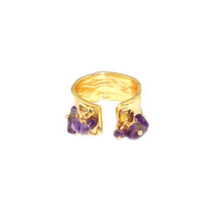 Retro Style Natural Amethyst Gemstone Fancy Shape 18K Gold Plated Wave Texture Band Free Size <b>Rings</b> Jewelry For Women Wholesale - Product Image 1