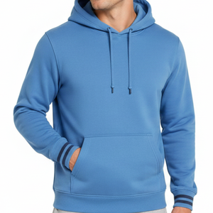 Wholesale Custom sky Blue <b>men's</b> Hoodie with Dark Navy Striped Cuffs trendy Style <b>Men's</b> Streetwear <b>Pullover</b> - Product Image 2
