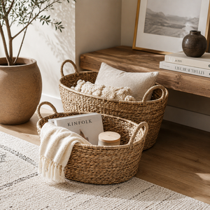 Set of 2 Handmade Seagrass Floor <b>Baskets</b> with Flat Handles Natural <b>Woven</b> Textured Storage KingCraftViet - Product Image 1
