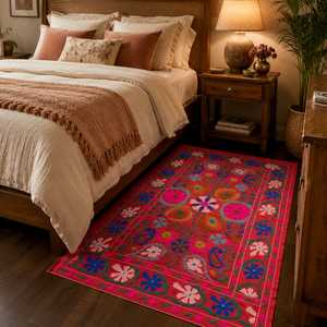 Drap de lit en coton brodé Suzani traditionnel, rouge, multicolore, floral, fait main, style bohème, couvre-lit artisanal indien, décoration ethnique pour la maison - Product Image 3