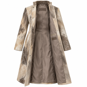 Manteau long en fourrure de vachette beige taupe mouchetée pour femme, col montant à boutons-pression dissimulés, fabrication OEM, fournisseur personnalisé - Product Image 5