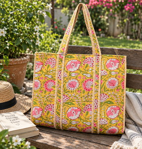 Handmade Washable Tote <b>Bag</b> Zipper Open Top Floral Print Quilted Cotton Lining for Women Large Space Beach Travel Shopping <b>Bag</b> - Product Image 3