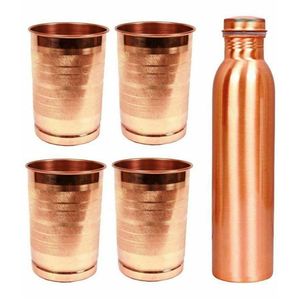 Pure Copper Water Bottle with 4 Matching Tumblers Set Ayurvedic Health Benefits Leakproof <b>Metal</b> Vessel for Yoga & Fitness Bottle - Product Image 1