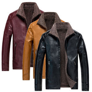<b>Men's</b> Burgundy PU Leather <b>Jacket</b> Turn-down Collar Faux Fur Lining Windproof Moto <b>Biker</b> Style Winter Wear - Product Image 6