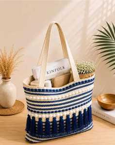 Bohemian Striped Cotton Tote <b>Bag</b> With Blue Tassels Women's Shoulder <b>Bag</b> Casual <b>Beach</b> Handbag <b>Lightweight</b> Open Top Design ready - Product Image 5