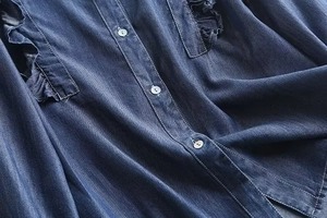 Chemise en jean à volants, manches longues, col rabattu, coupe ample, décontractée, pour l'été, écologique, séchage rapide, polyester respirant, pour femme - Product Image 6