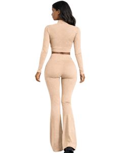 Conjunto de yoga de dos piezas beige personalizado para mujer, top corto con cremallera y pantalones acampanados de cintura alta, ropa elástica para gimnasio, fabricante personalizado OEM - Product Image 2