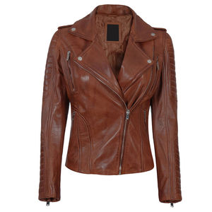 Chaqueta de Motociclista para Mujer, de Cuero Vacuno Genuino, Estilo Vintage, Resistente al Viento, para Invierno, Color Marrón, con Cuello Alto y Cierre de Cremallera - Product Image 2