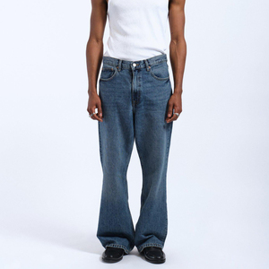 Pantalones vaqueros acampanados de cintura alta para hombre, de mezclilla lavada a la piedra, con cierre de botones, casuales, azules, de algodón, de peso medio, de lona tejida, antiencogimiento - Product Image 4