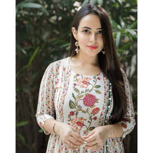 Ensemble Kurta pour femmes, blanc floral, manches longues, respirant, taille XS - Product Image 5