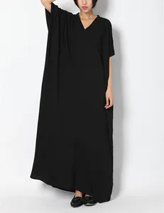 Women Black V-Neck Cotton Linen Maxi <b>Dress</b> With Short Sleeve <b>Loose</b> Fit Summer Boho Style Casual Daily Wear - Product Image 2
