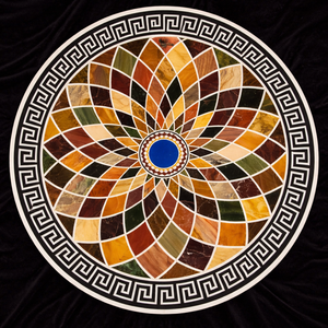 Luxury Round Marble Inlay Table <b>Top</b> Handmade Pietra Dura Floral Lotus Design Semi Precious Stone Inlay White Marble Center Table - Product Image 1