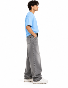 Jean ample gris délavé pour homme, coupe décontractée, taille mi-haute, en denim de coton - Product Image 2