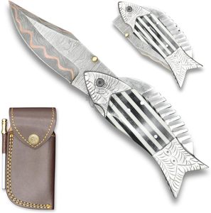 Top Edition Handmade <b>Copper</b> Damascus Fish Style Folding Pocket Knife EDC Hunting Camping Knife w/Steel Engraved Resin Handle - Product Image 1