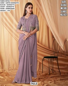 Emerald Royale <b>Black</b> <b>Satin</b> Georgette Saree Embroidered Jacket <b>Blouse</b> Floor Length Quick Dry Elegant Wedding Wear for Women 7612 - Product Image 3