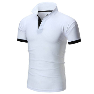 เสื้อโปโลแขนสั้นสีขาวสำหรับผู้ชาย ทรงเข้ารูป แต่งขอบตัดกัน คอตั้ง สไตล์ลำลอง สีพื้น ผ้าถัก - Product Image 1