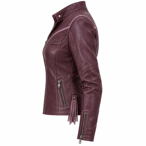 Side <b>Tassel</b> Pocket <b>Women</b> Real Leather Biker <b>Jacket</b> Deep Plum Mandarin Collar Piping Outerwear Custom Factory Service Odm - Product Image 4