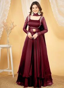 Premium Silk Satin Women's Anarkali Style Knee Length 3 Pieces Kurta Pant Dupatta <b>Set</b> with Hand Embroidery and Woven Detail - Product Image 3