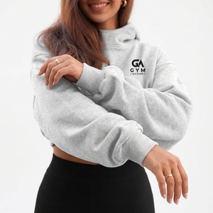 Sweat-shirt à capuche court pour femme GYM ACTIVE, gris, manches unies, sweat-shirt à capuche en molleton décontracté avec logo imprimé sur le devant - Product Image 4