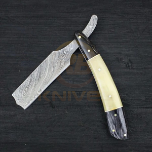Navaja de afeitar recta de acero de Damasco hecha a mano, plegable de bolsillo |   Navaja de afeitar DIY para barbería con mango de hueso, OEM disponible - Product Image 1