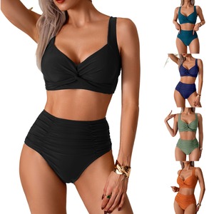 Women Solid Color 2 Piece Bikini Set Deep V Neck High Waist Ruched Twist Push Up Swimwear <b>Tummy</b> <b>Control</b> Shapewear - Product Image 1
