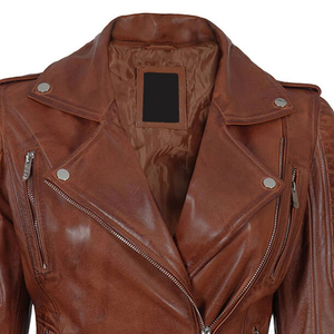 Women's Brown Genuine Leather Moto <b>Jacket</b> Full Sleeve With Cloth Hood Zipper Closure Solid Color Biker Style Autumn Wear - Product Image 6