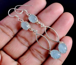 Boucles d'oreilles pendantes en argent sterling 925 avec pierre précieuse aigue-marine, design géométrique minimaliste, bijoux fins pour femmes, à porter au quotidien - Product Image 3