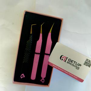 Pince à épiler Dolphin/45/90 rose/noir en acier inoxydable avec revêtement en poudre, pointe en fibre dorée, anti-magnétique, anti-statique, lisse pour cils - Product Image 3