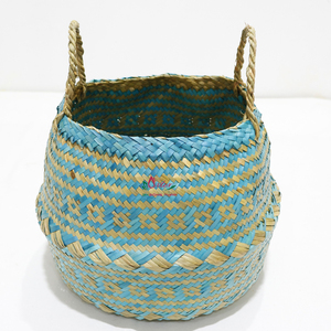 Paniers de rangement en feuilles de palmier naturelles bleues avec poignées, style art populaire, forme de bol multi-usages - Product Image 4