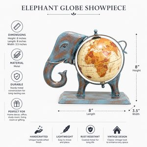 Art Deco Metal Blue Antique Finish <b>Elephant</b> Globe | Vintage World Globe <b>Decorative</b> Statue | Handmade Metal Tabletop Home Office - Product Image 5