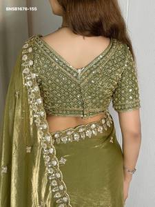 Sari de satén de lujo de primera calidad con bordado de cuentas y lentejuelas, y blusa con bordados elaborados de cuadros - Exportador indio - Product Image 4