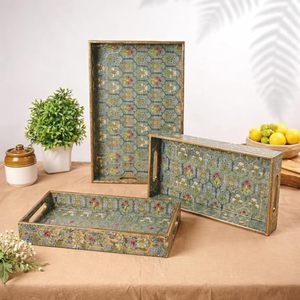 Modern Wood Rectangular Floral Serving Tray Set with Handles Multi-Piece Decorative Trays for Home Entertaining - Product Image 2