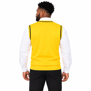 เสื้อกั๊กไหมพรมสีเหลือง Iota Phi Theta สำหรับผู้ชาย คอวี แขนกุด ลายทางสีดำ แต่งขอบยางยืด สไตล์ลำลอง เหมาะสำหรับใส่ในมหาวิทยาลัย - Product Image 2